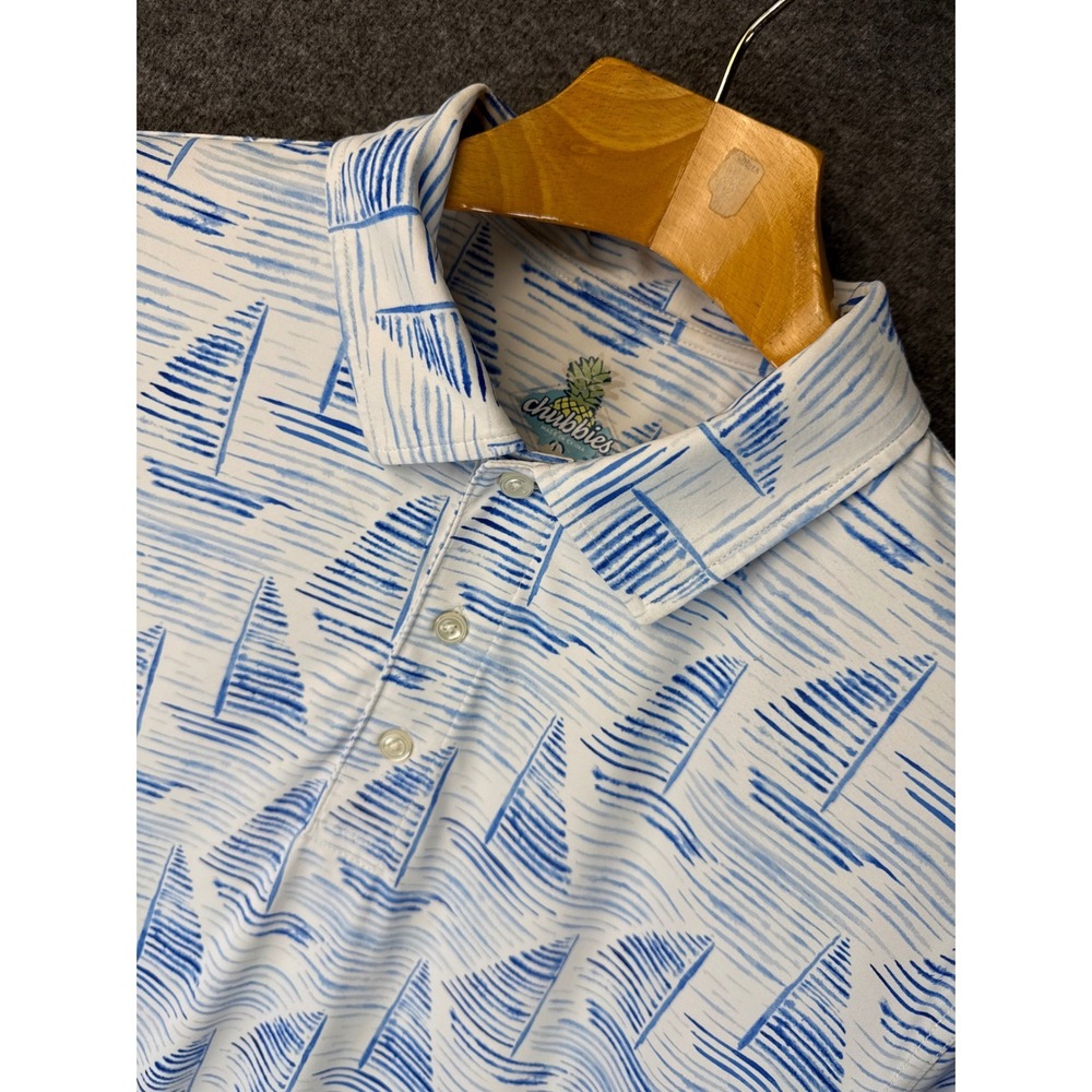 Chubbies Performance Polo Shirt Blue White Sailboat Nautical Print Mens‎ Size L